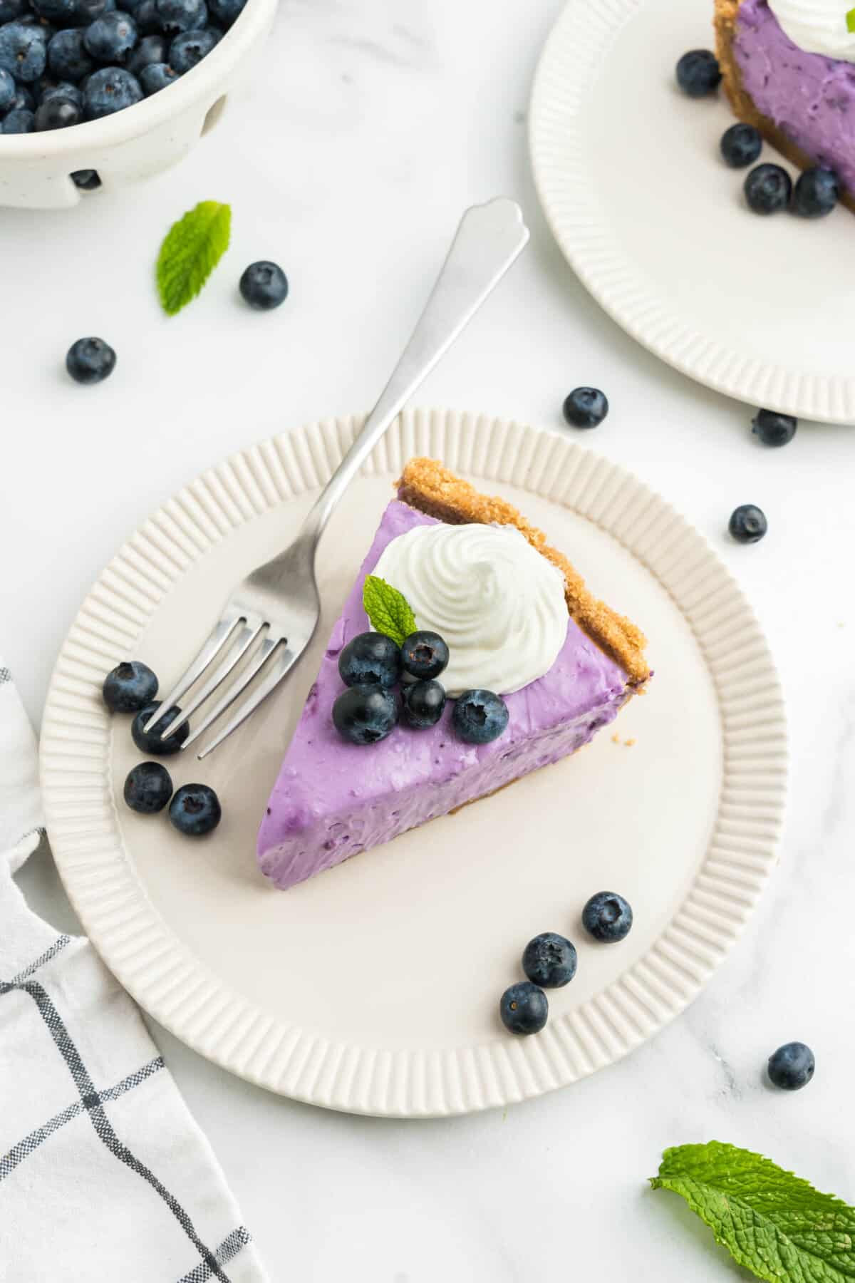 No Bake Blueberry Cheesecake Slice on plate with added whipped cream, mint sprig, and fresh blueberries
