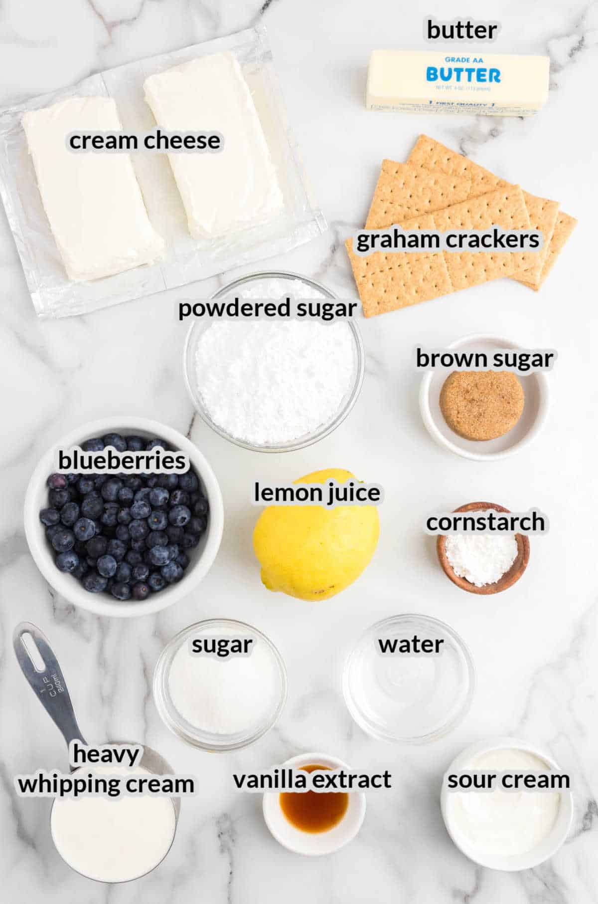 Overhead Image of No Bake Blueberry Cheesecake Ingredients