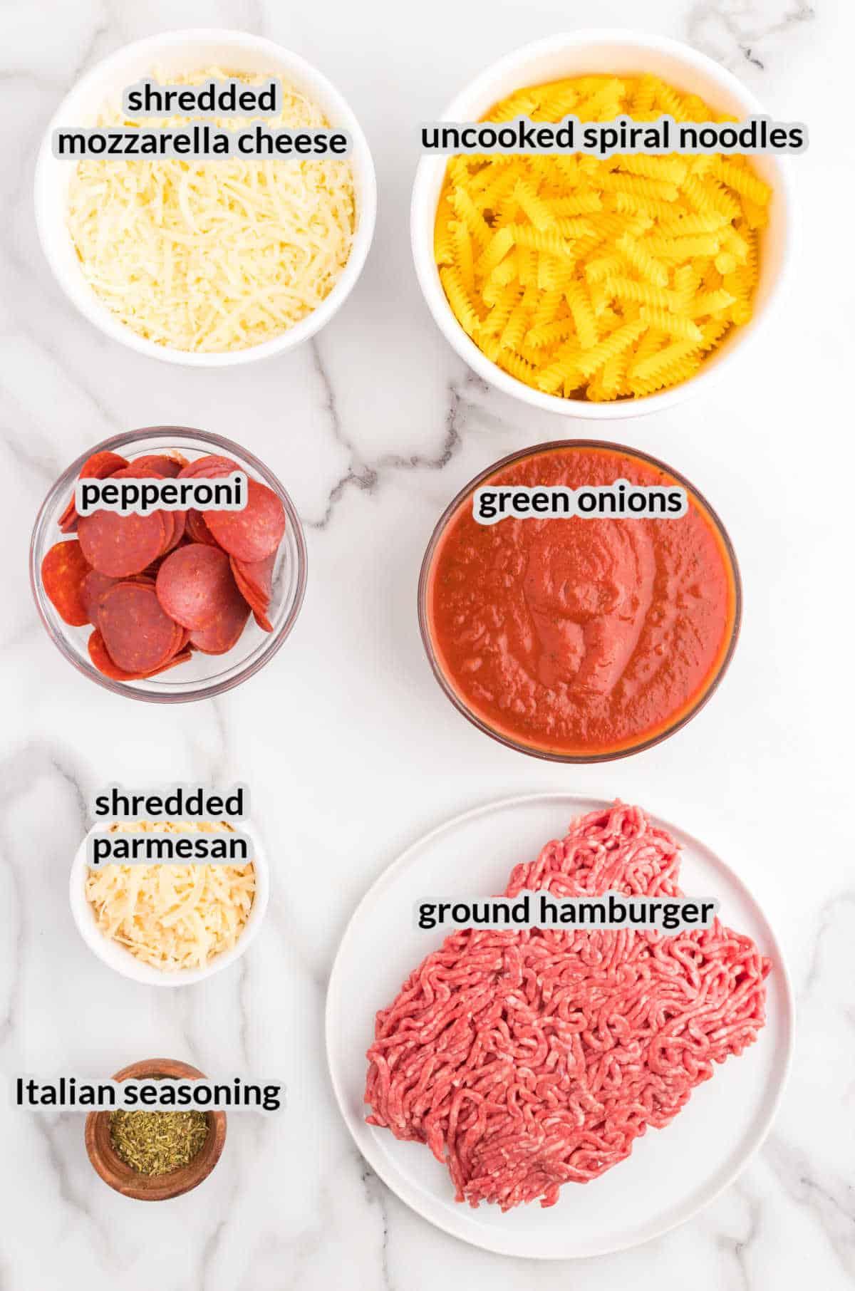Overhead Image of Pizza Casserole Ingredients