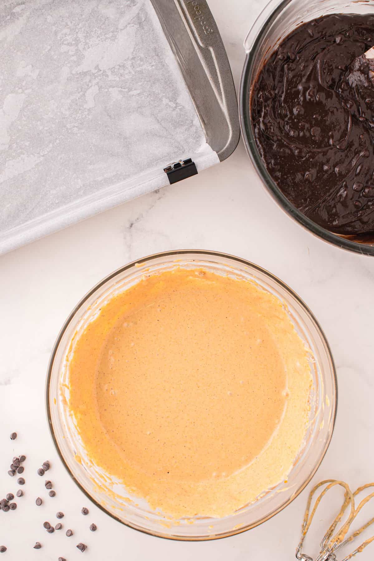 Pumpkin cream cheese mixture blended in bowl for Pumpkin Brownies