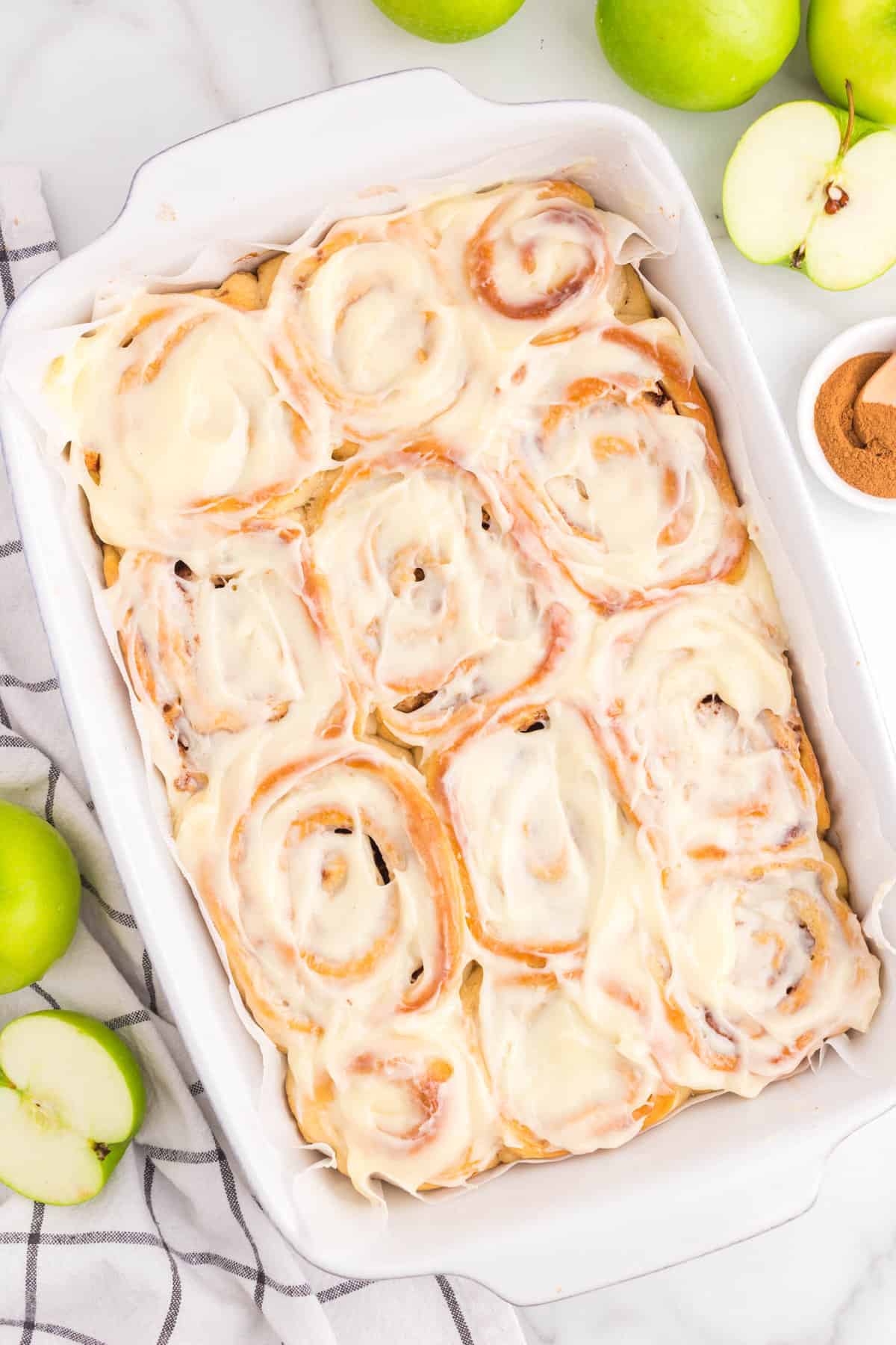 Apple Cinnamon Rolls frosted with homemade cream cheese frosting