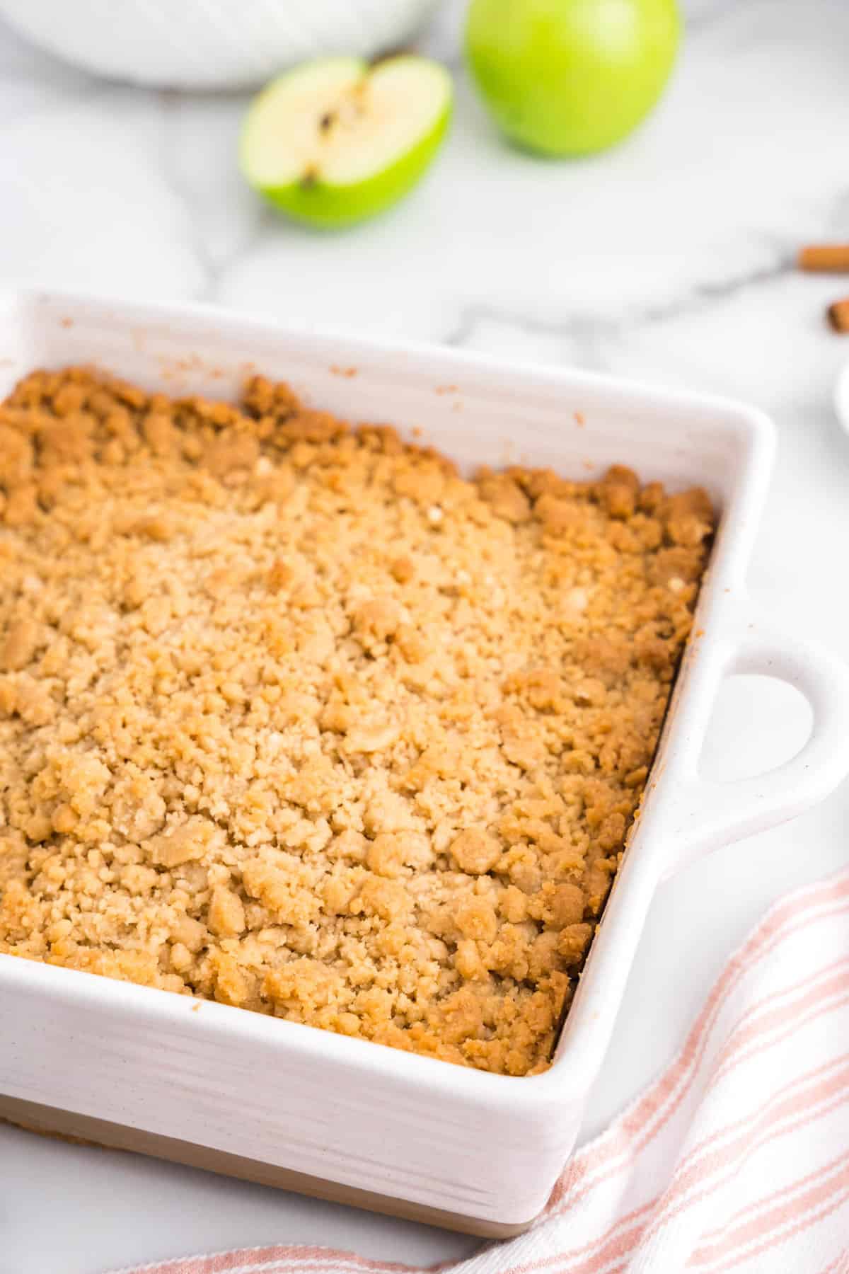 Apple Crumble dish baked to a golden brown just out of the oven