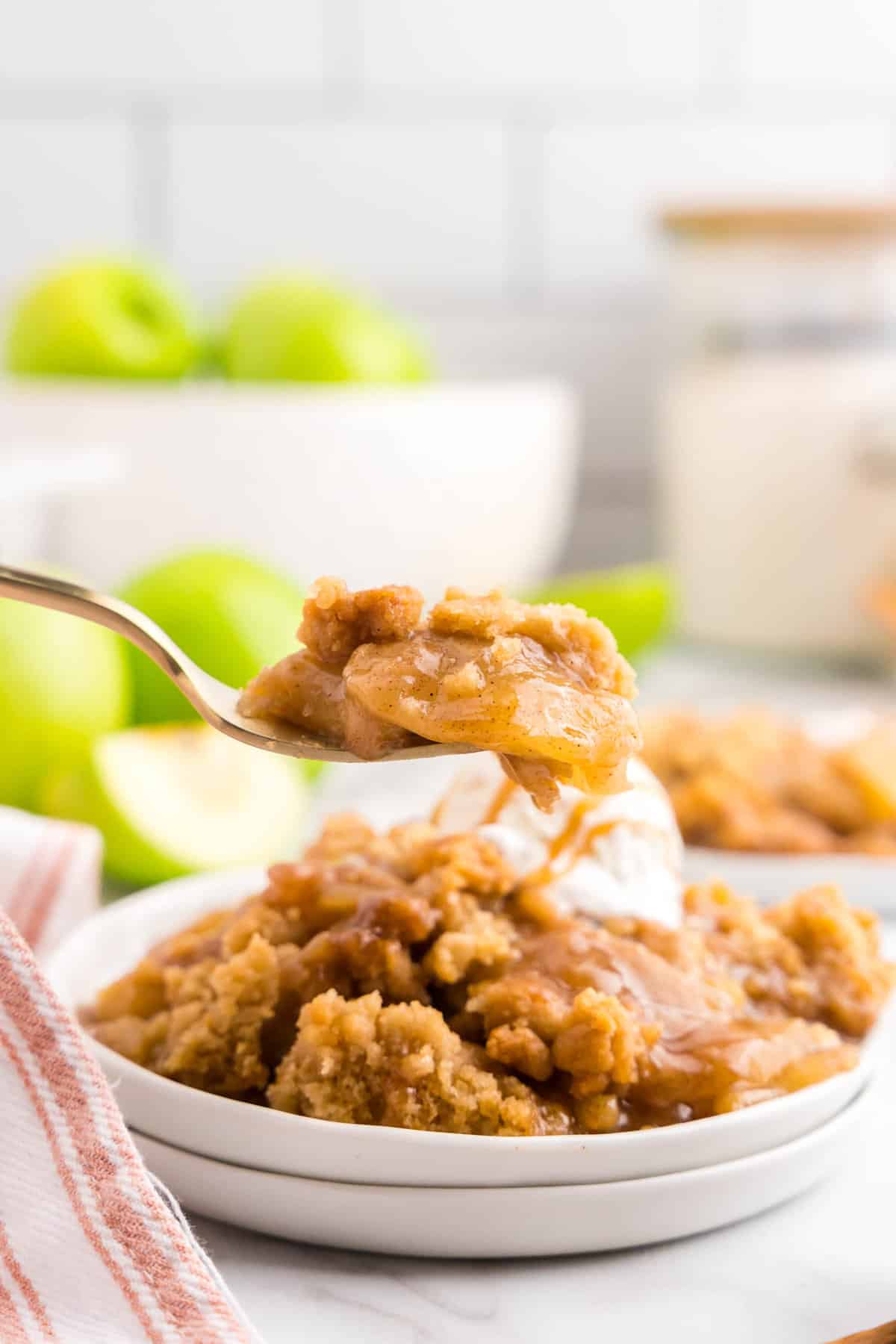 Ready for the first bite of Apple Crumble with a fork 