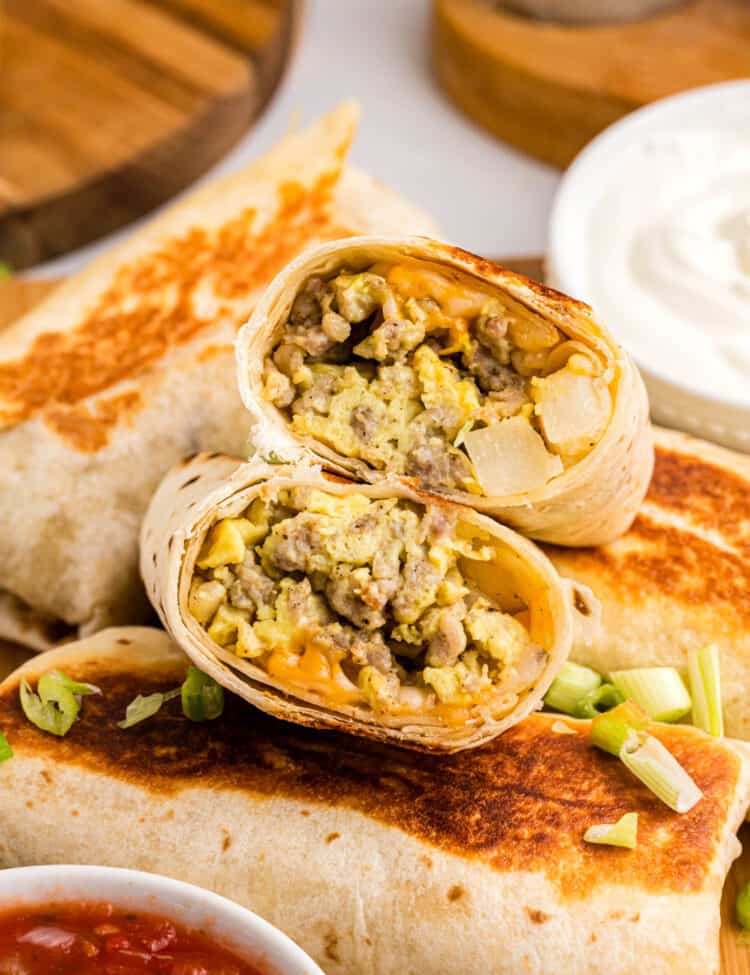 Breakfast Burritos cut in half that are stacked
