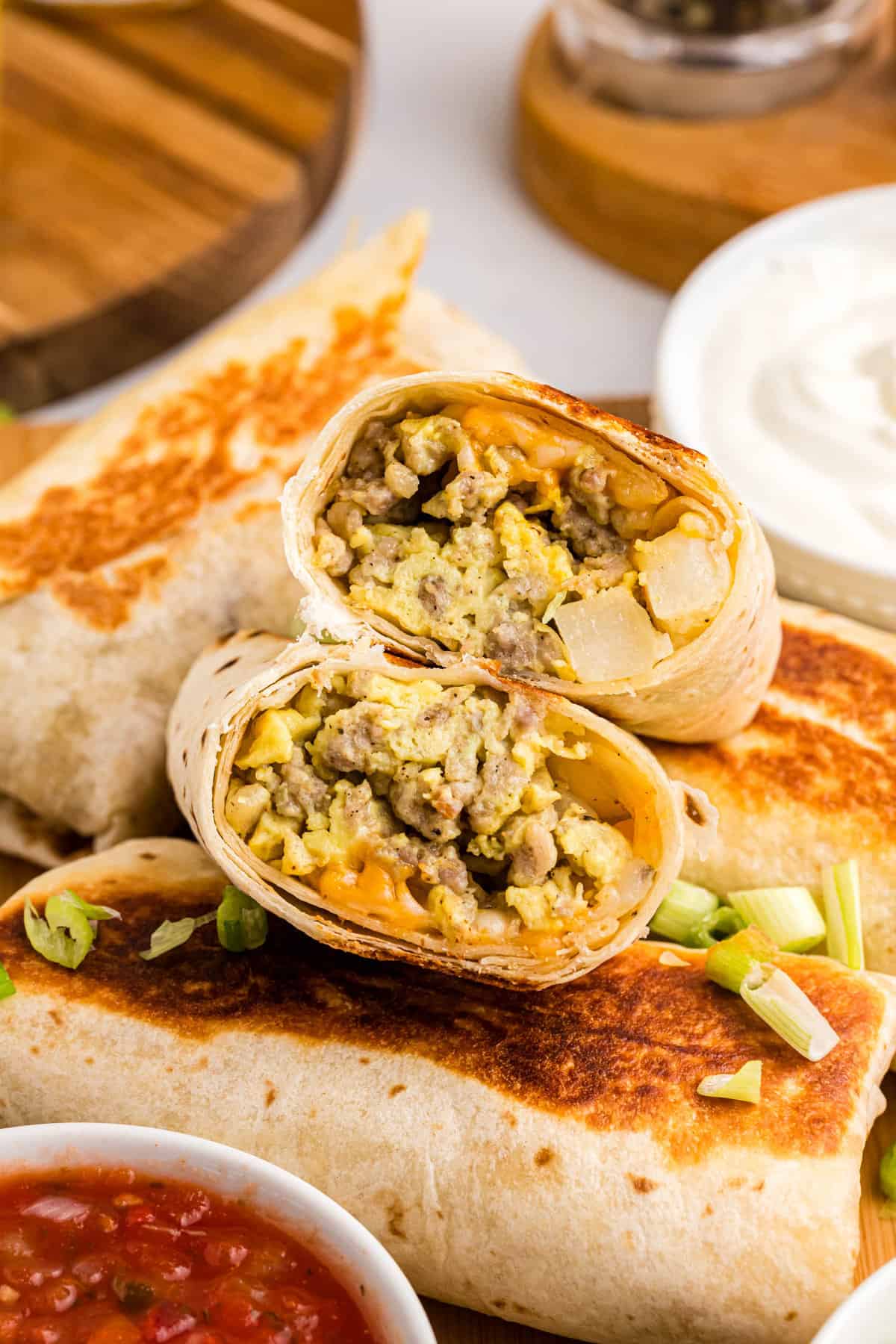 Breakfast Burritos cut in half that are stacked