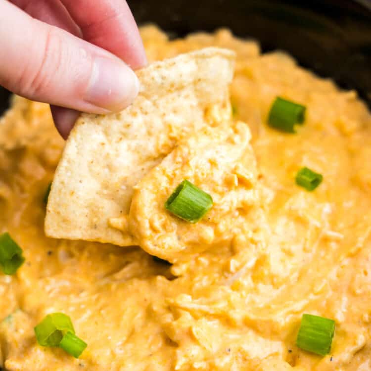 Buffalo Chicken Dip in crock pot with a tortilla chip