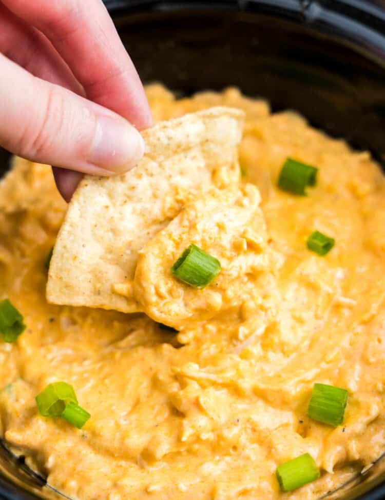 Buffalo Chicken Dip in crock pot with a tortilla chip