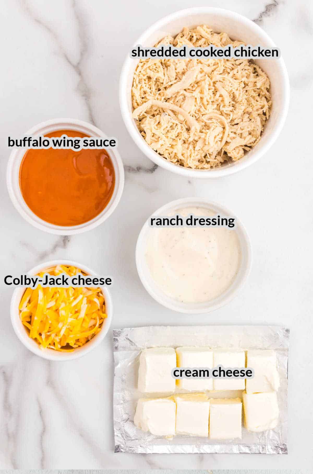 Overhead Image of Buffalo Chicken Dip Ingredients