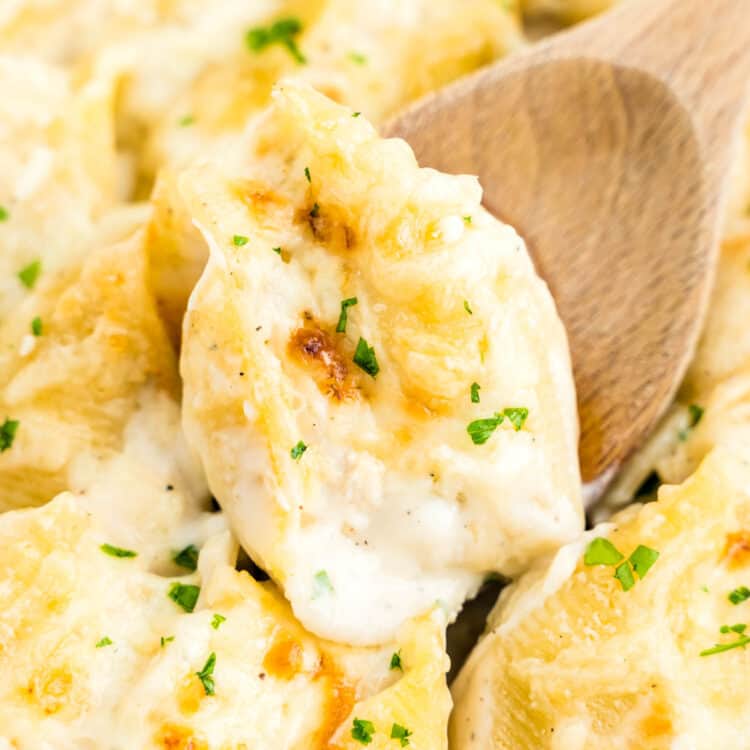 Spoon scooping Chicken Alfredo Stuffed Shells