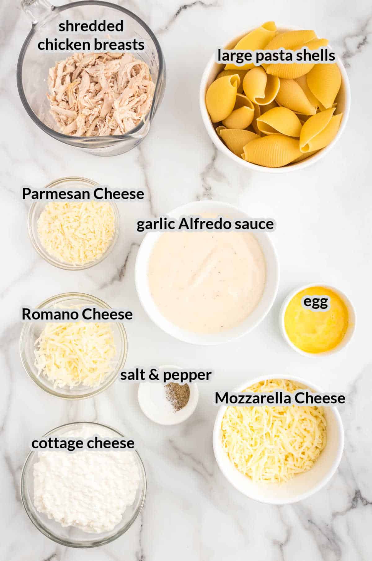 Overhead Image of Chicken Alfredo Stuffed Shells Ingredients