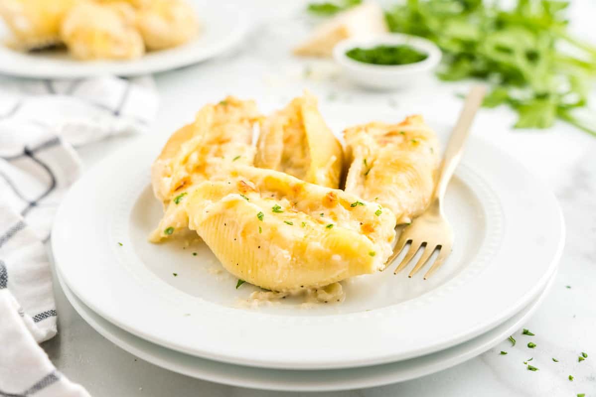 Ready to enjoy the first bite of Chicken Alfredo Stuffed Shells on plate