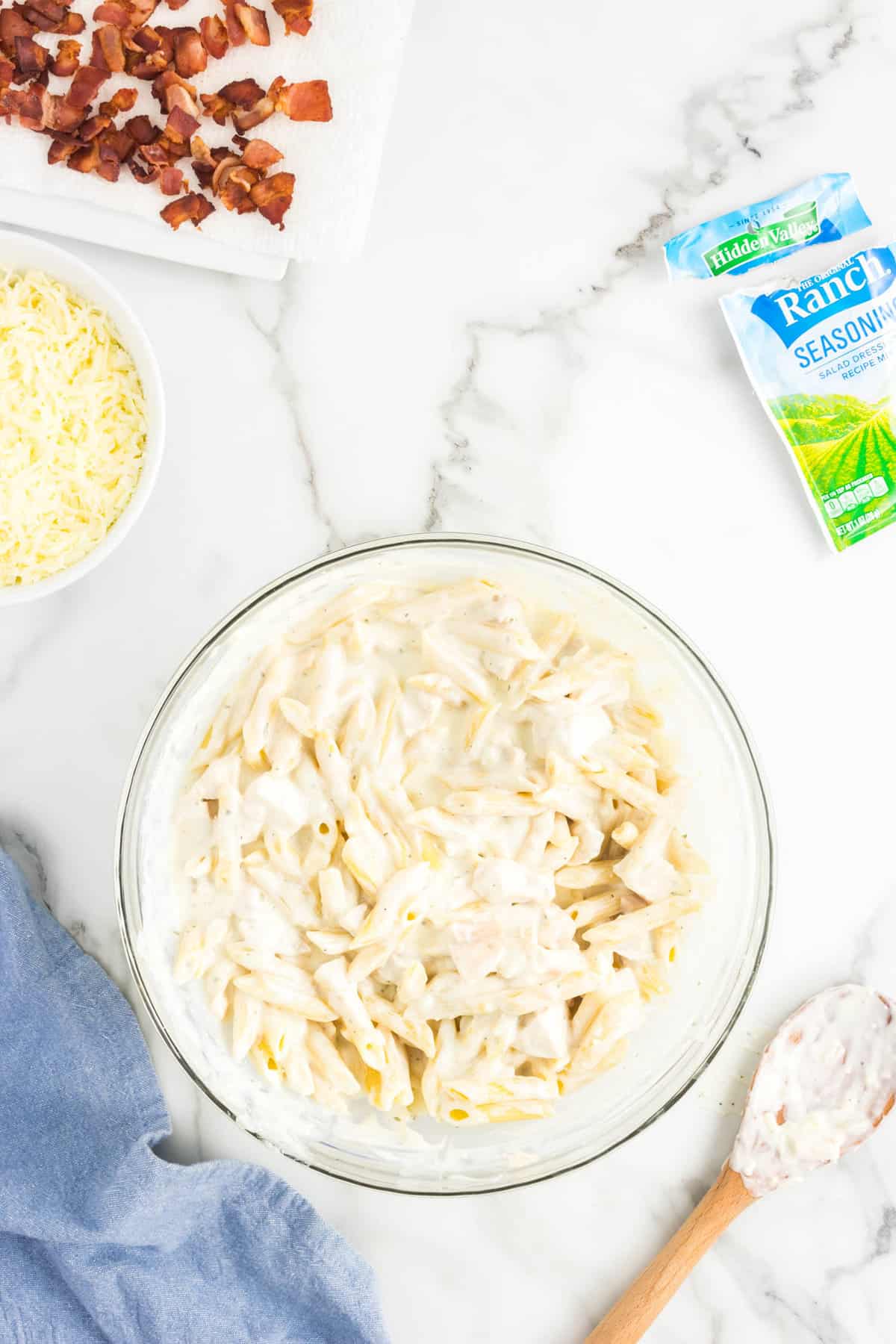 Perfectly combined Chicken Bacon Ranch Casserole ingredients in mixing bowl