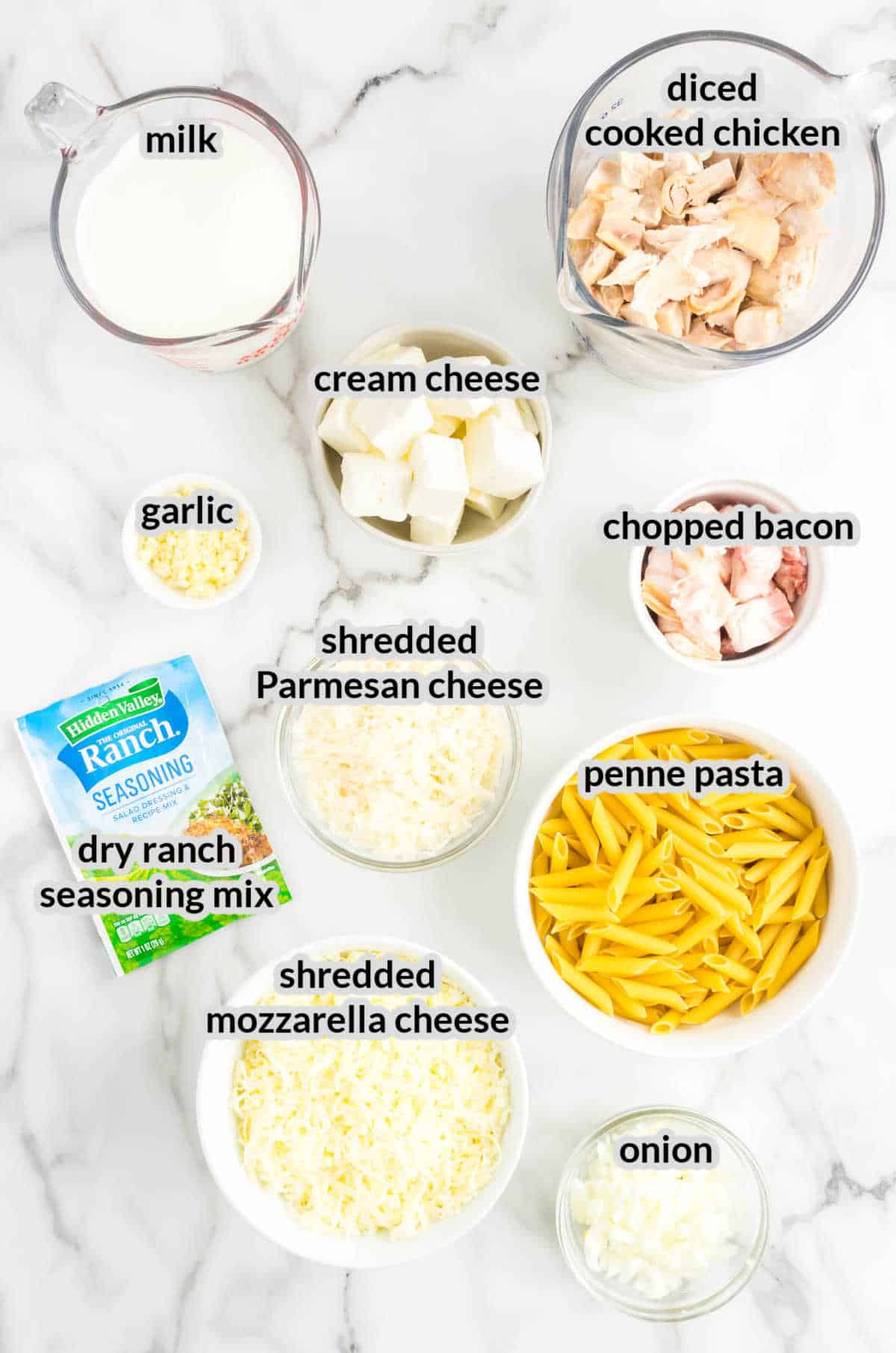 Overhead Image of Chicken Bacon Ranch Casserole Ingredients