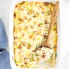 Chicken Bacon Ranch Pasta Bake in Baking Dish with Wooden Spoon