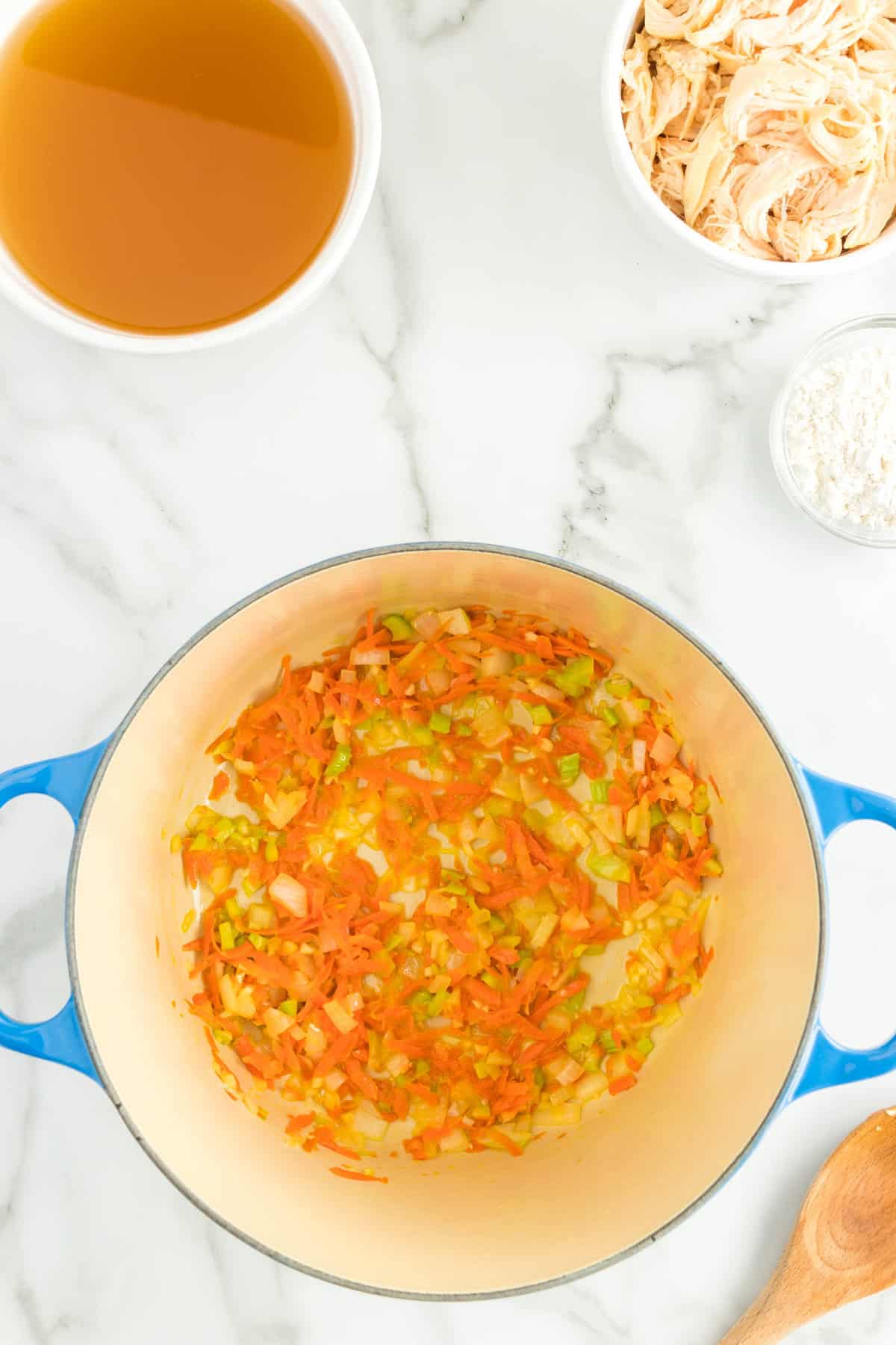 Cooking Vegetables in Stock Pot for Chicken Gnocchi Soup Recipe