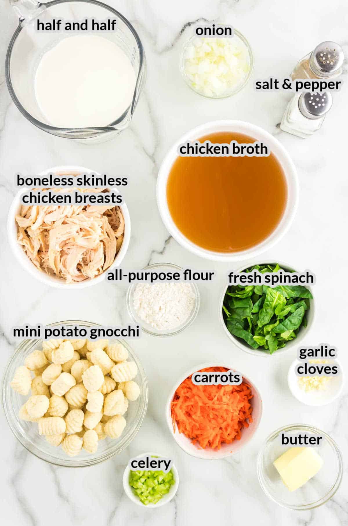 Overhead Image of Chicken Gnocchi Soup Ingredients