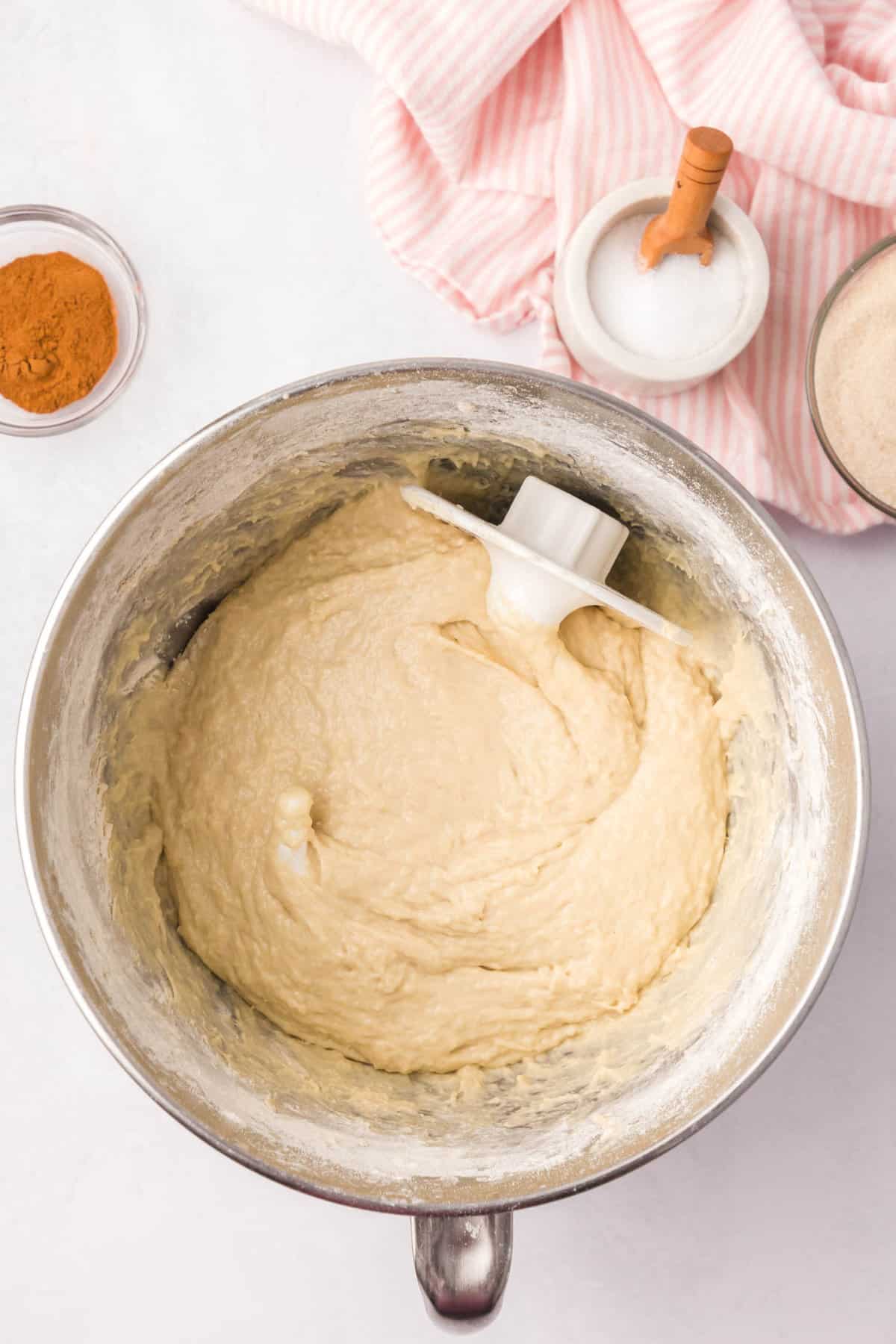 Combining dough with hook attachment on standing mixture for Cinnamon Swirl Bread