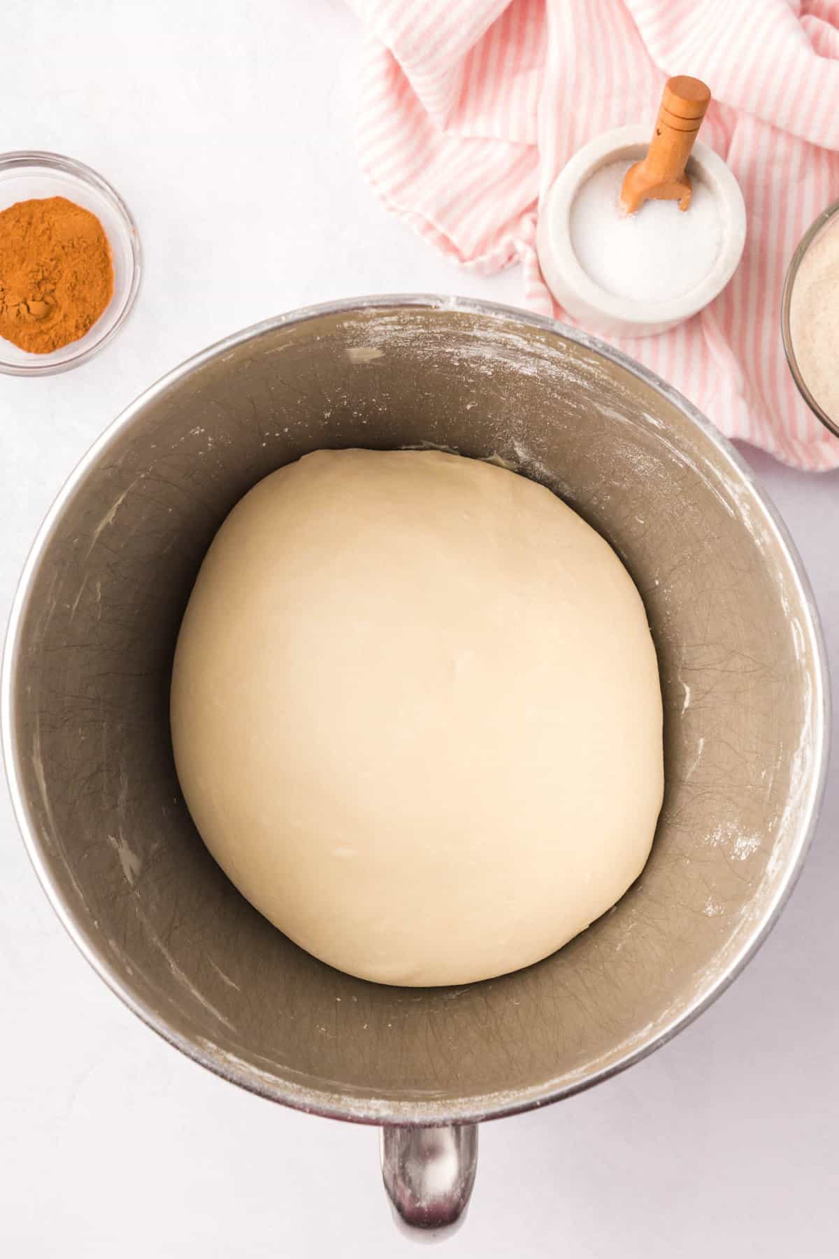 Cinnamon Swirl Bread dough in standing mixer bowl