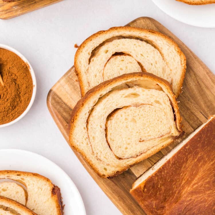 Cinnamon Swirl Bread slices on cutting board