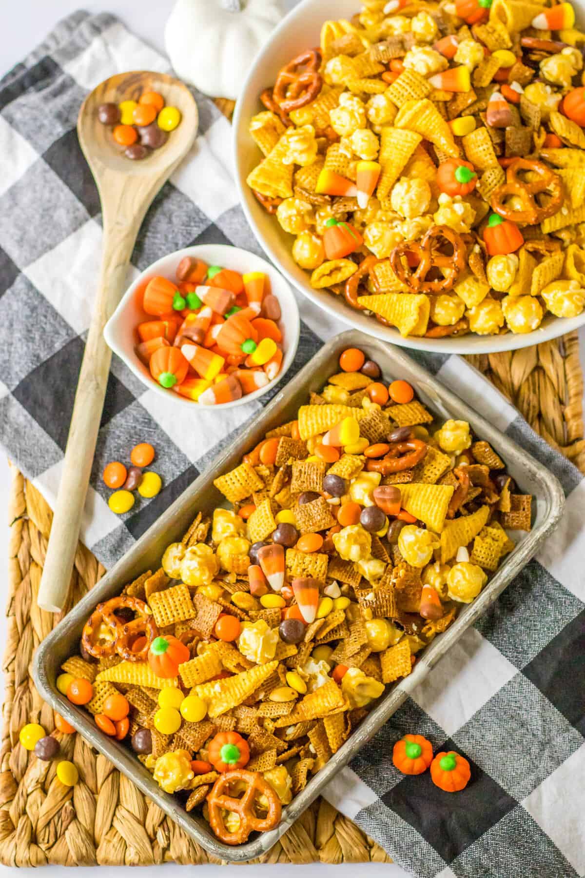 a Sheet Pan & bowl full of Fall Snack Mix.