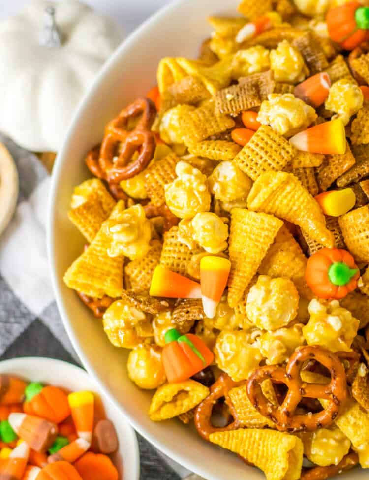 Close up photo of Fall Snack Mix in a White Bowl.