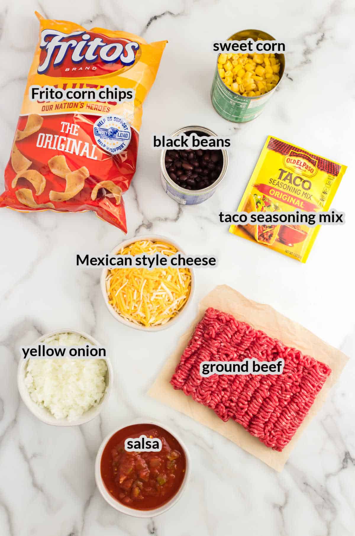 Overhead Image of Frito Pie Casserole Ingredients