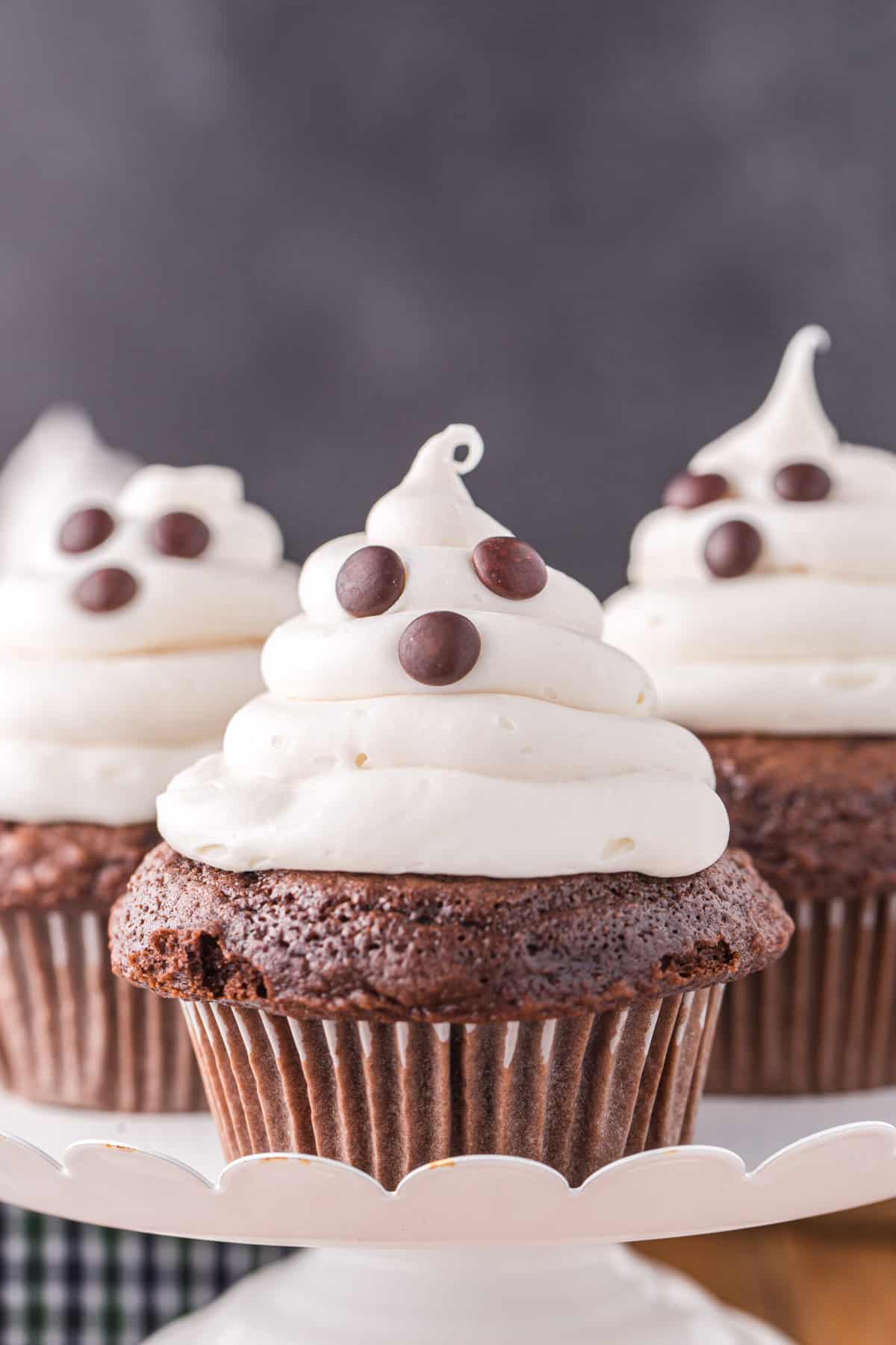 Close up photo of completed ghost cupcakes.