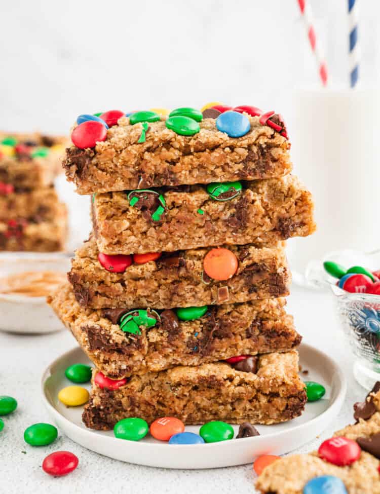 Monster Cookie Bars Cut and Stacked on Plate