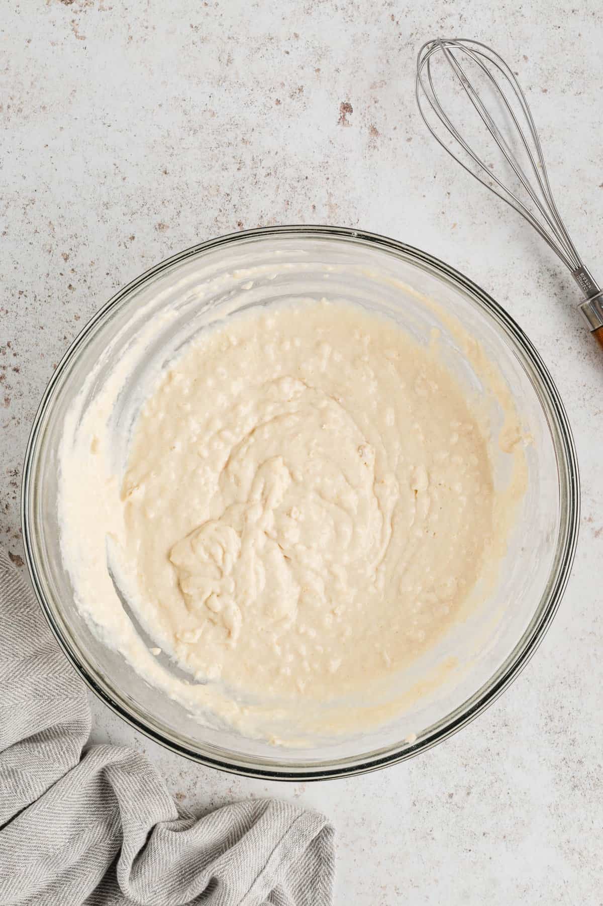 Wished batter in bowl for Sifting dry ingredients in mixing bowl for Pancake Recipe