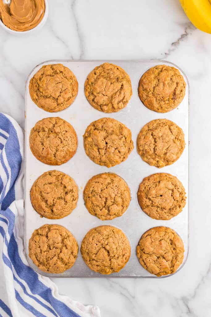 Peanut Butter Banana Muffins completely cooked and cooling.