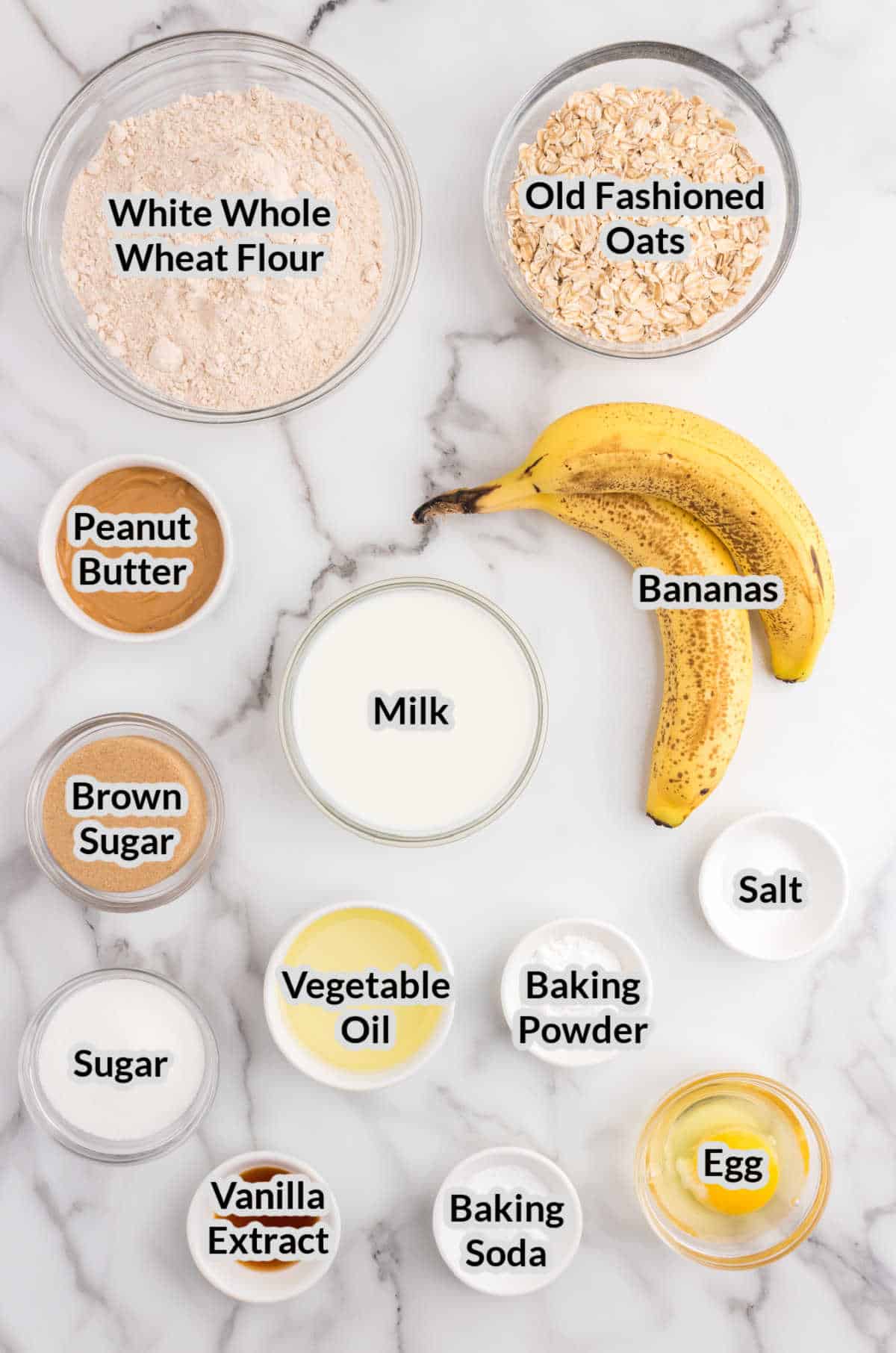Overhead Image of the Peanut Butter Banana Muffins Ingredients