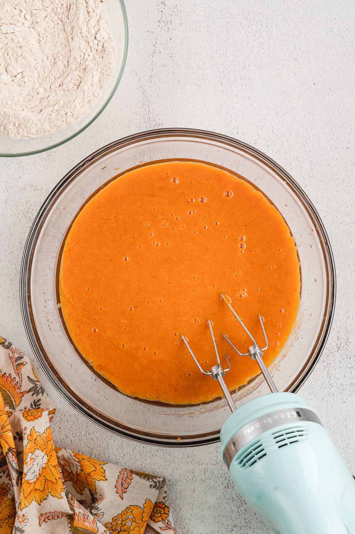 Mixed Pumpkin Batter for Pumpkin Bars Recipe in Bowl