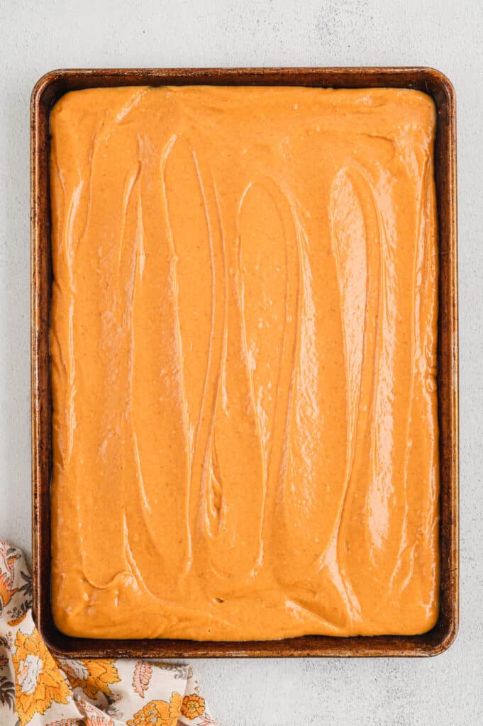 Pumpkin Mixture Spread into Baking Pan for Pumpkin Bars Recipe