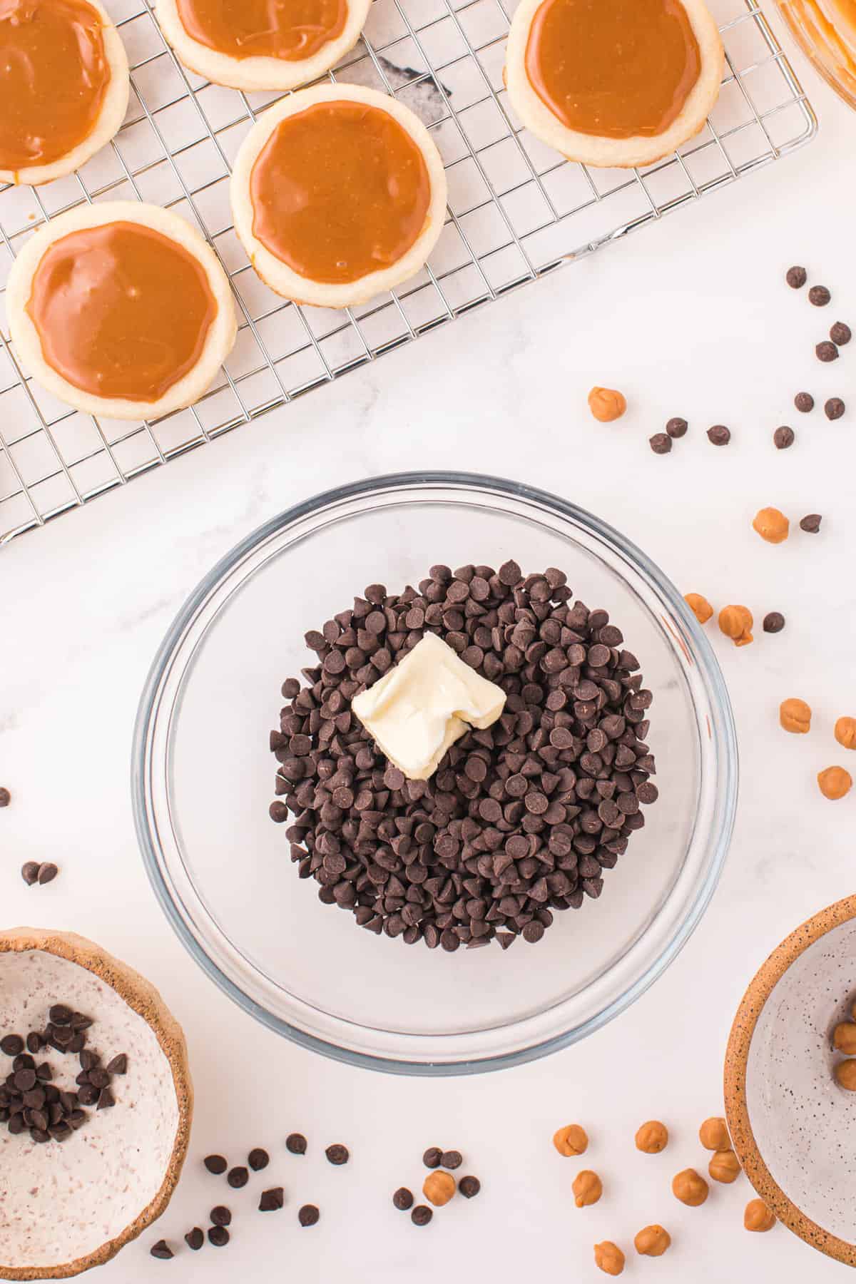 Semi-Sweet Chocolate Chips and Butter in Bowl for Twix Cookies