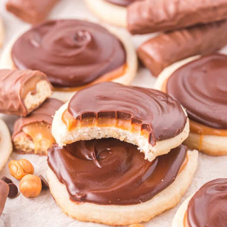 Twix Cookie Recipe piled high with caramel and chocolate