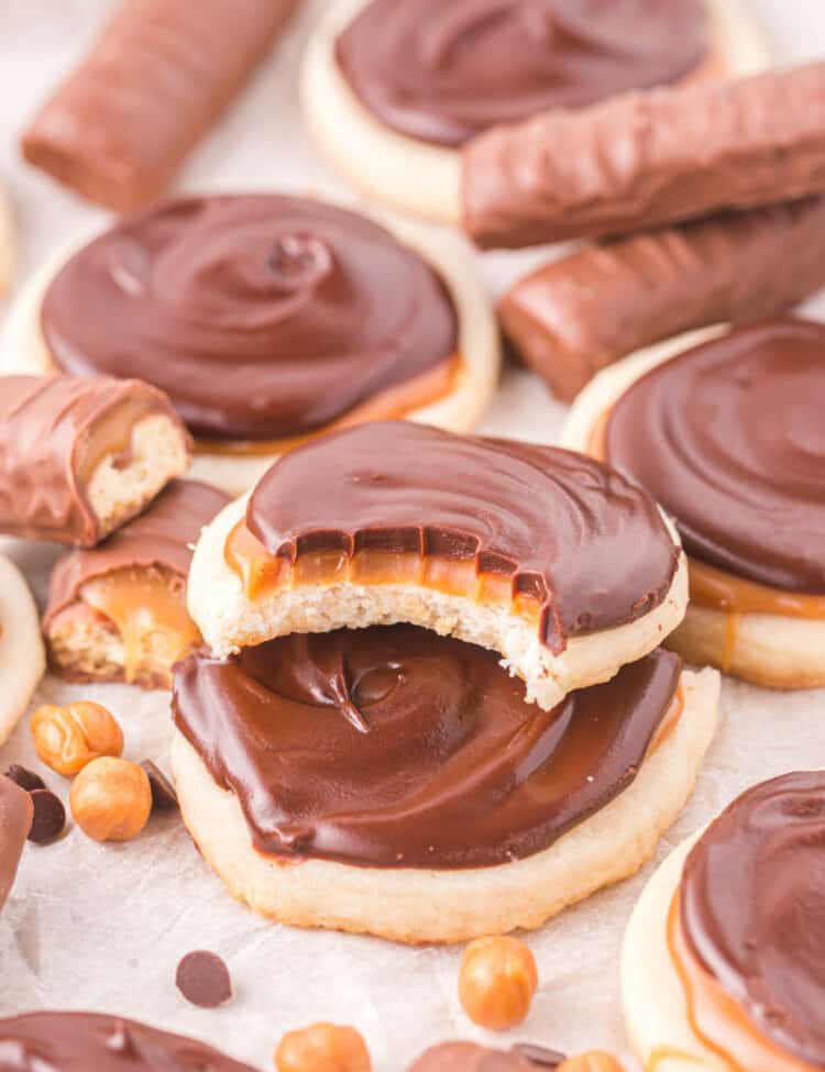 Twix Cookie Recipe piled high with caramel and chocolate