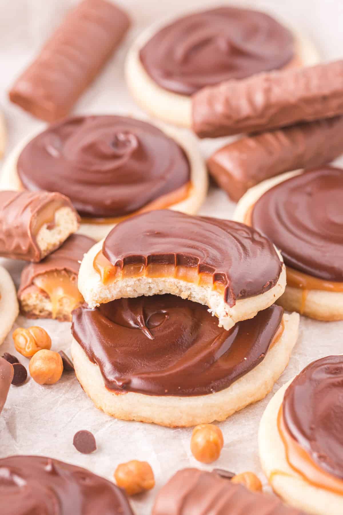 Twix Cookie Recipe piled high with caramel and chocolate