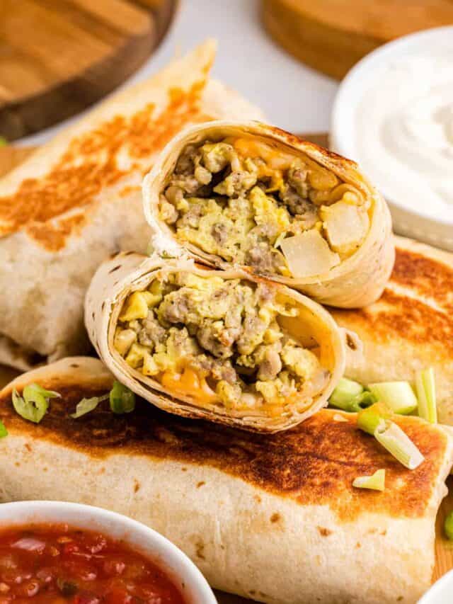 Breakfast Burritos cut in half that are stacked