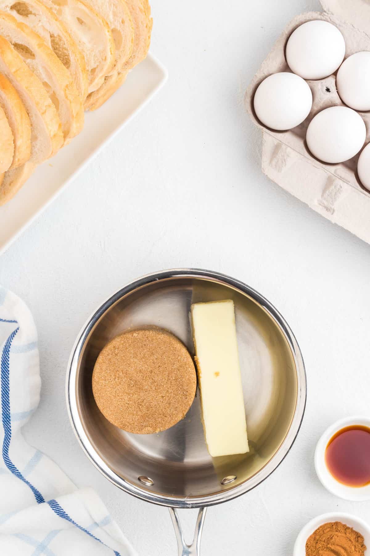 Butter and brown sugar in saucepan for Overnight French Toast recipe