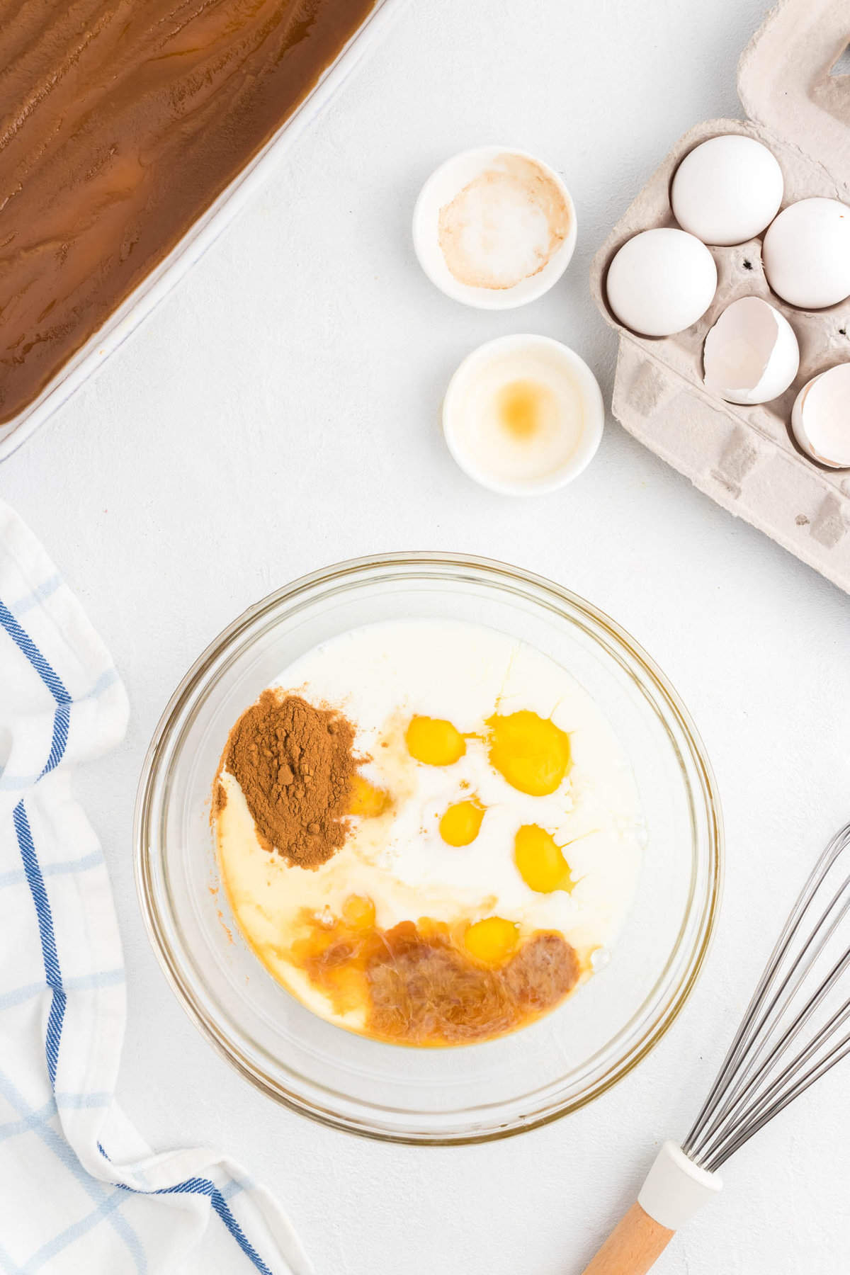 Egg wash ingredients in mixing bowl for Overnight French Toast recipe