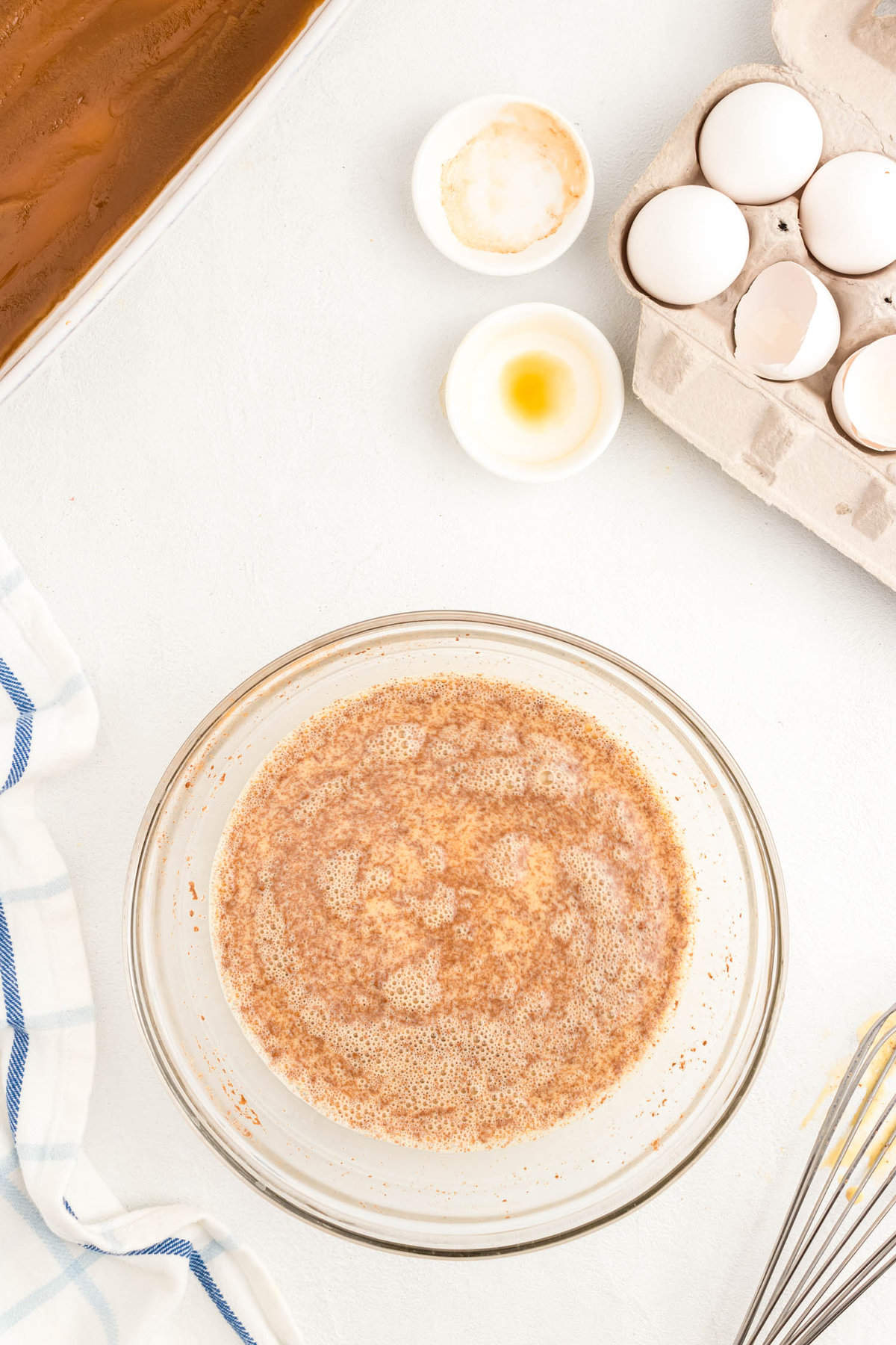 Combined Egg wash ingredients in mixing bowl for Overnight French Toast recipe