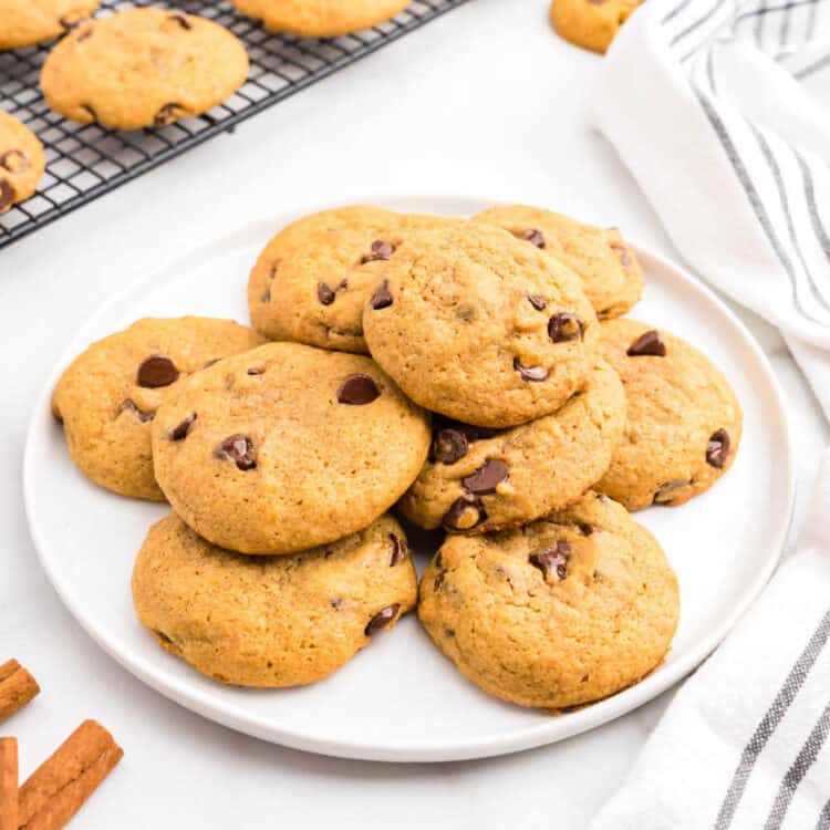 Chocolate Chip Pumpkin Cookies stacked on plate