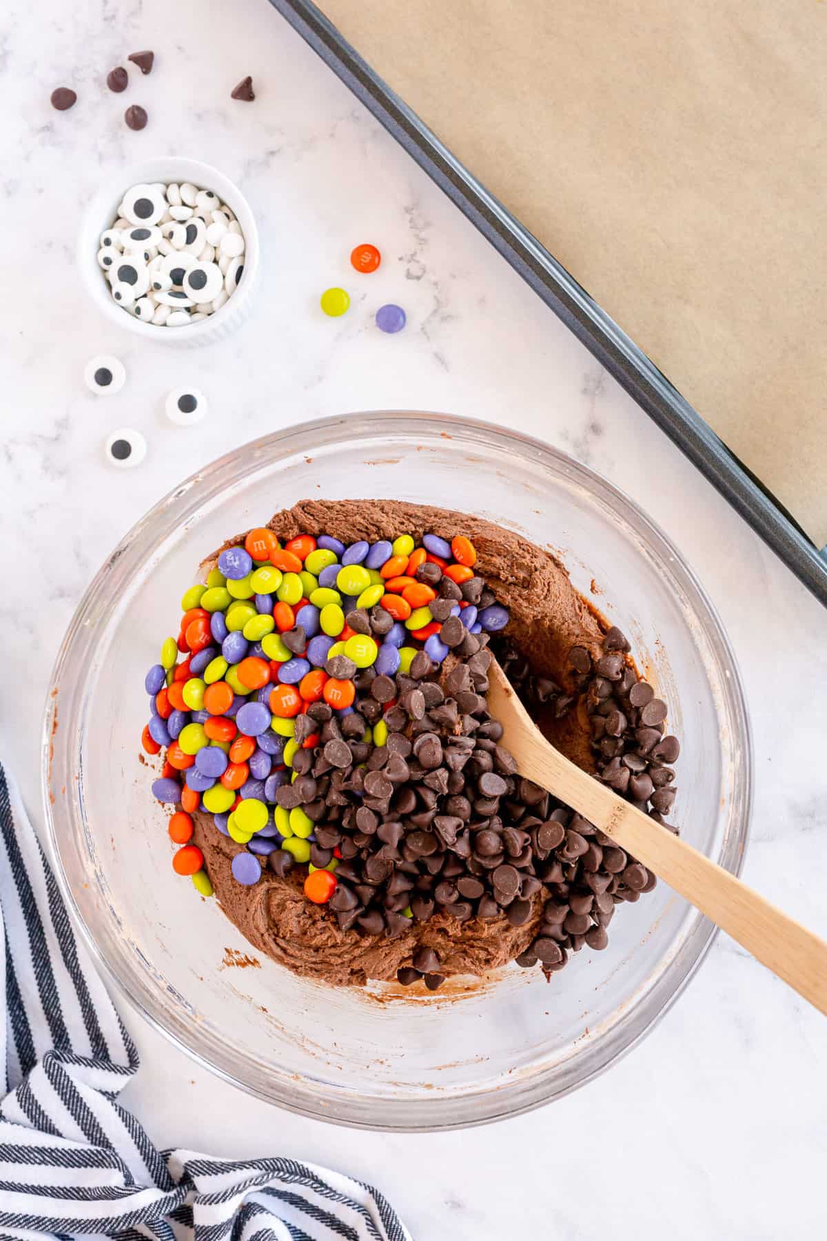 Fold in the M&Ms and Chocolate Chips.