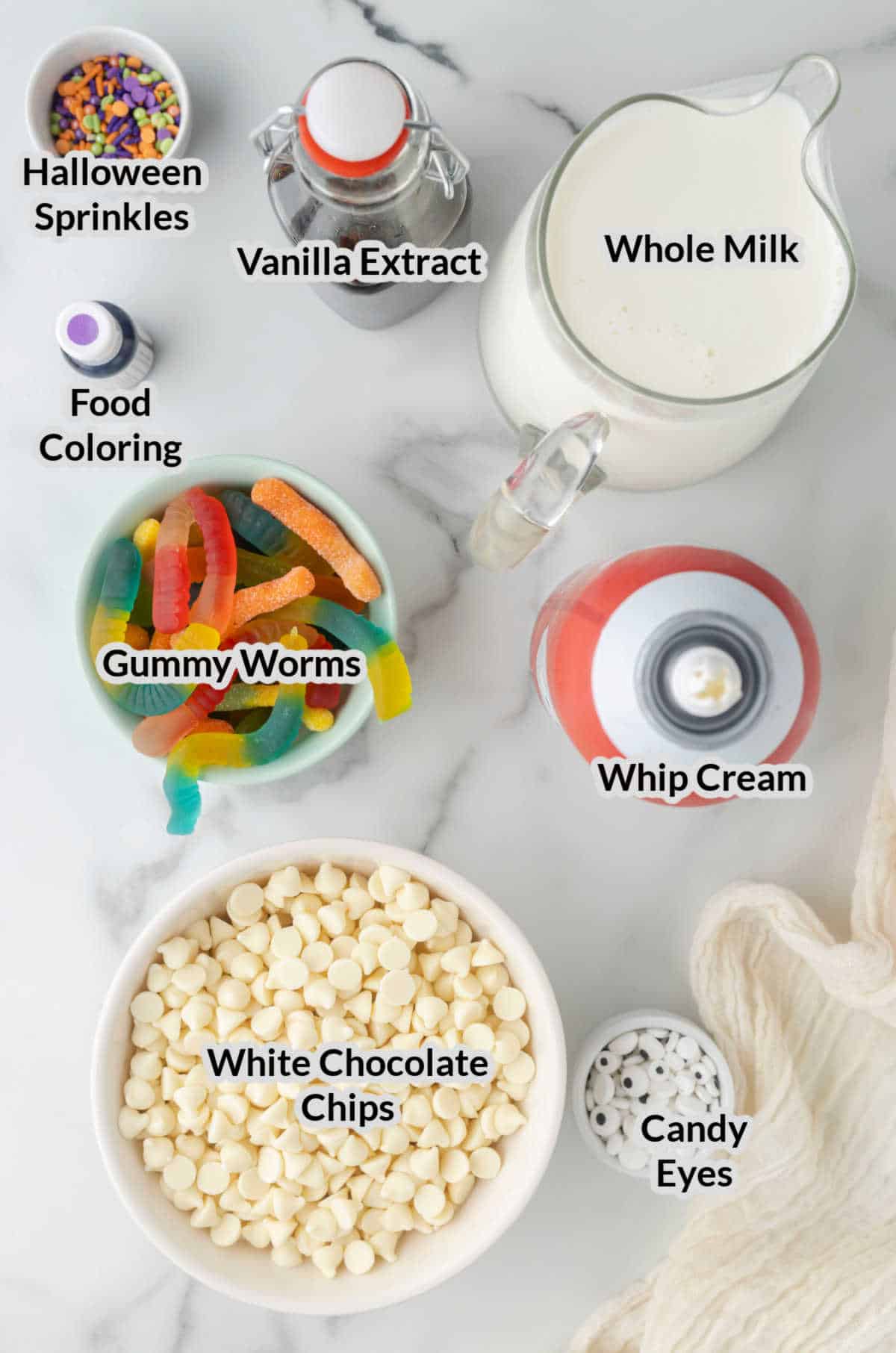 Overhead Image of the Halloween Hot Chocolate Ingredients
