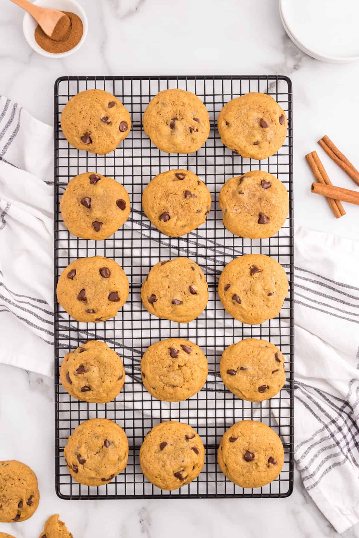 Pumpkin Chocolate Chip Cookies on wire cooling rack