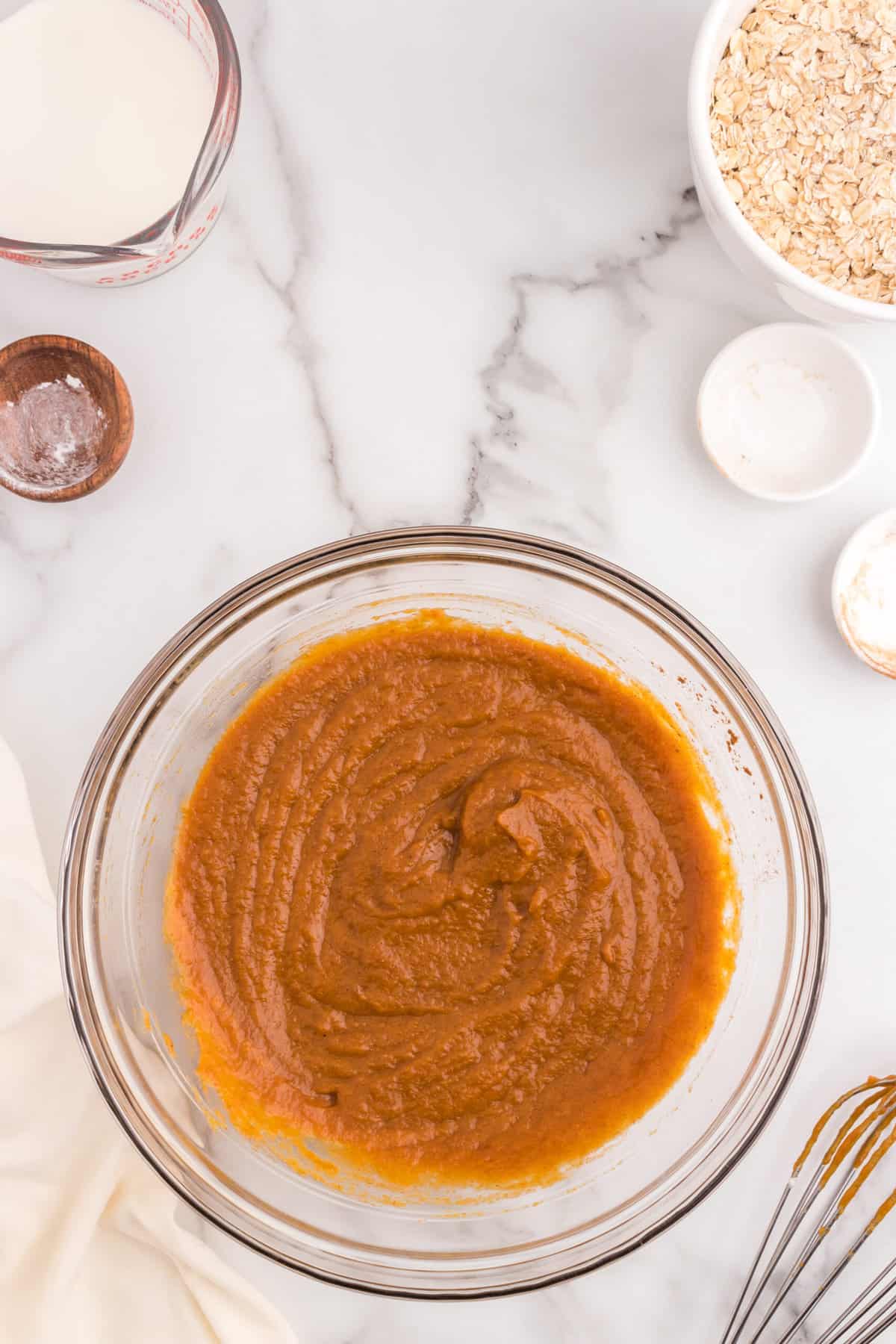 Combined wet ingredients for Pumpkin Baked Oatmeal recipe