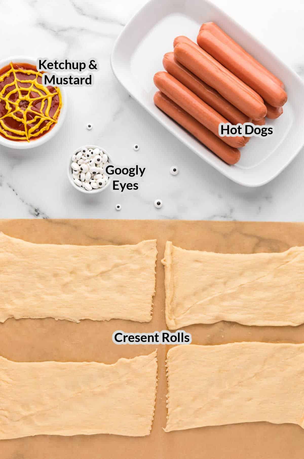 Overhead Image of the Mummy Hot Dogs Ingredients
