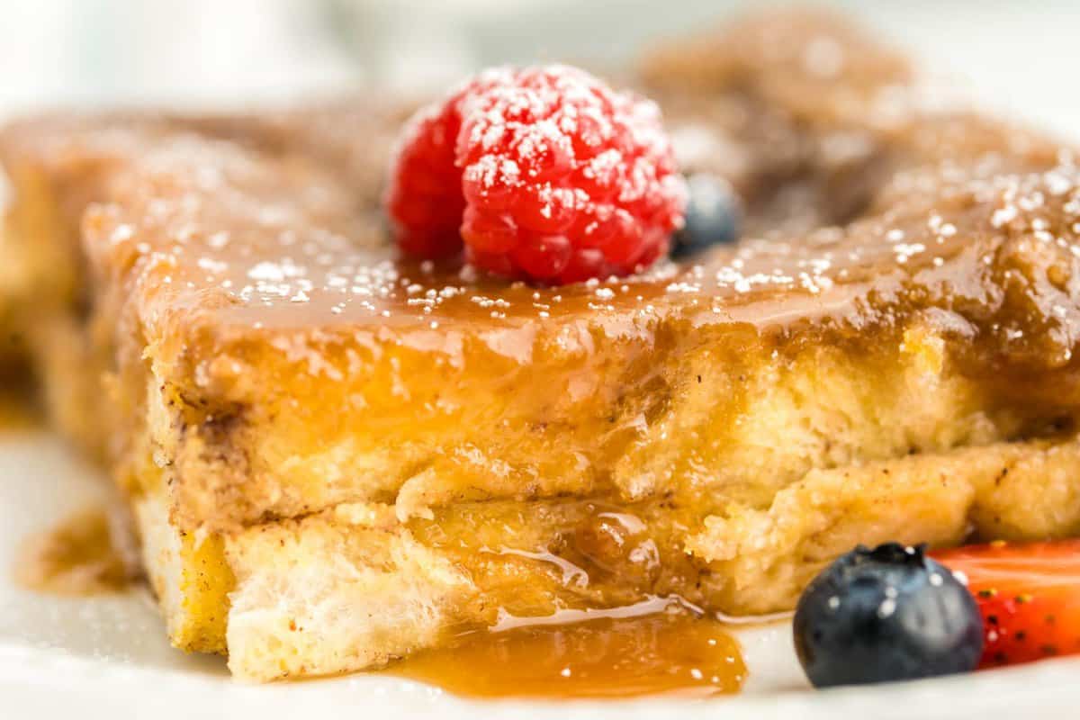Baked French Toast Recipe on plate with added toppings