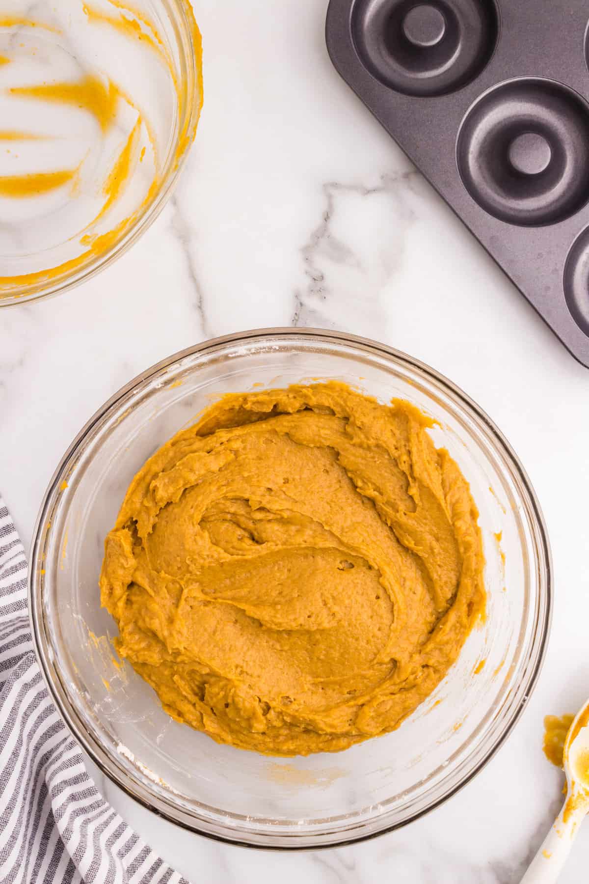 Pumpkin Donuts batter perfectly combined in mixing bowl