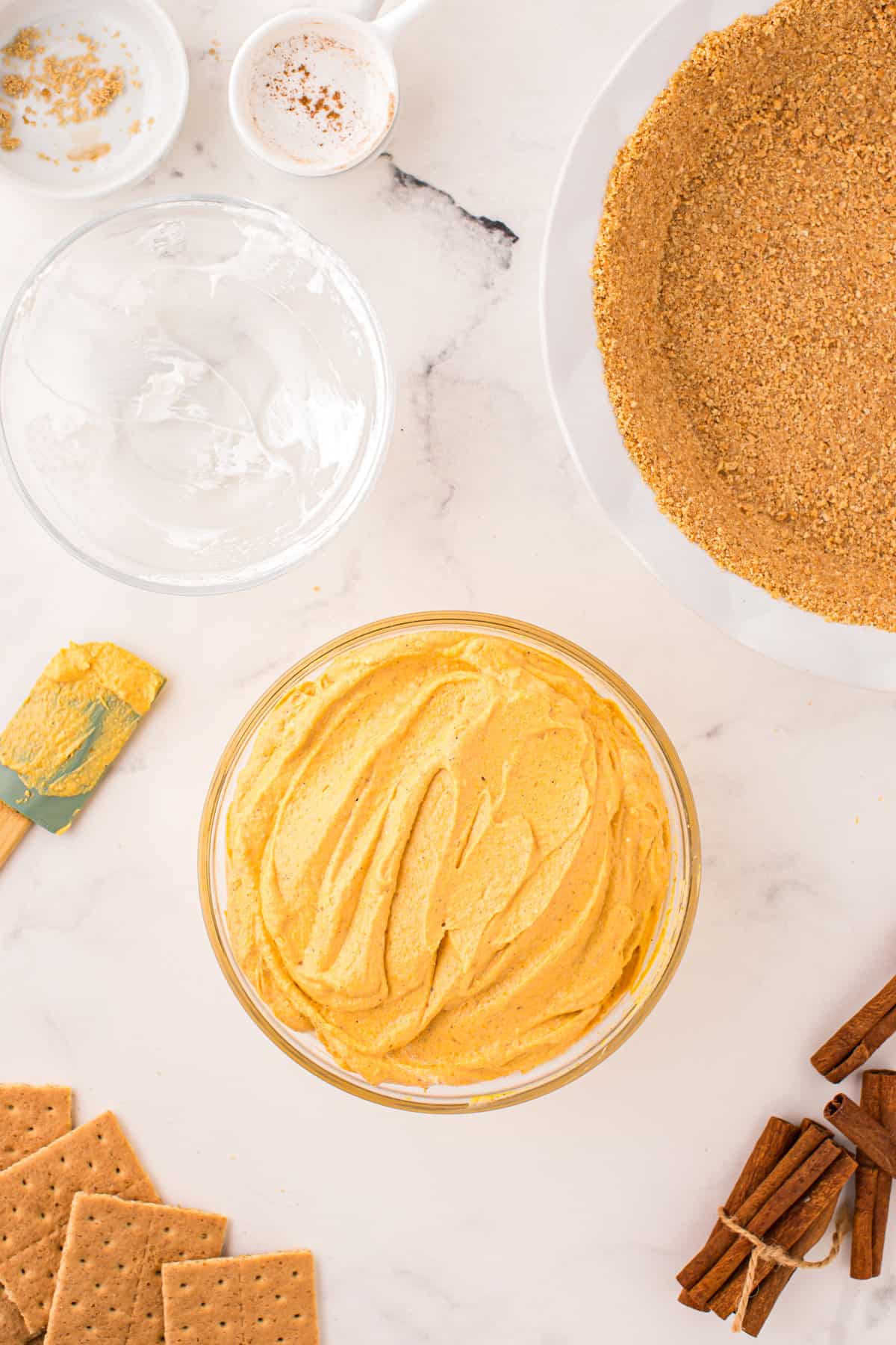 Perfectly blended mousse pie mixture in bowl for Pumpkin Mousse Pie